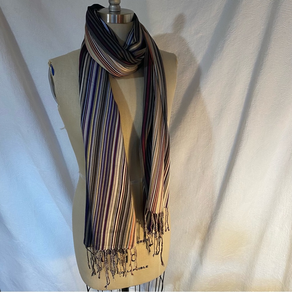 Paul Smith striped silk fringed scarf. Unisex